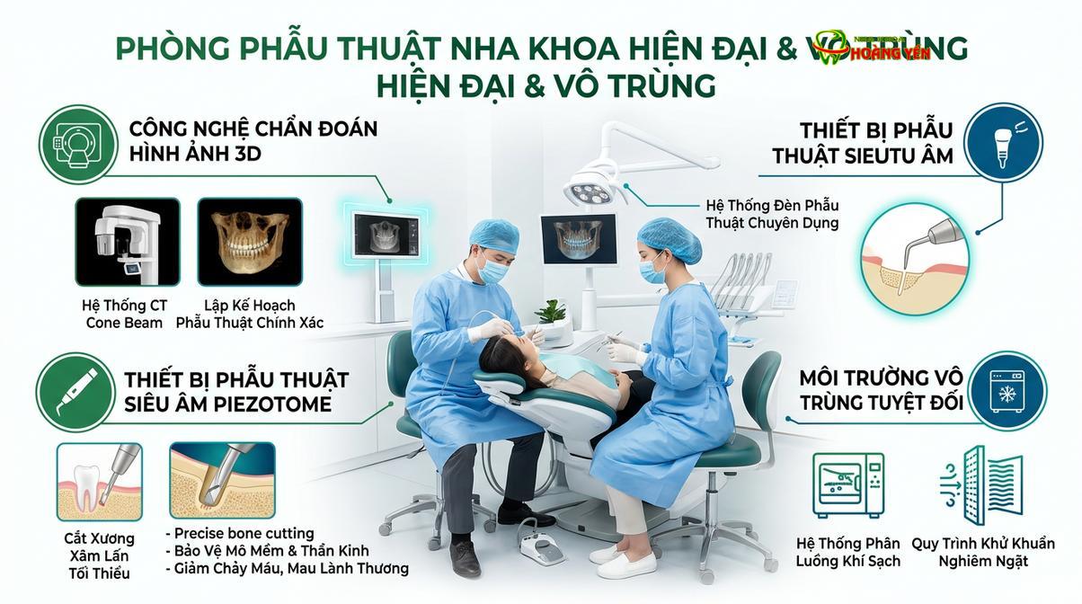 Hệ thống phòng phẫu thuật vô trùng khép kín cùng trang thiết bị hiện đại hỗ trợ cấy ghép implant.
