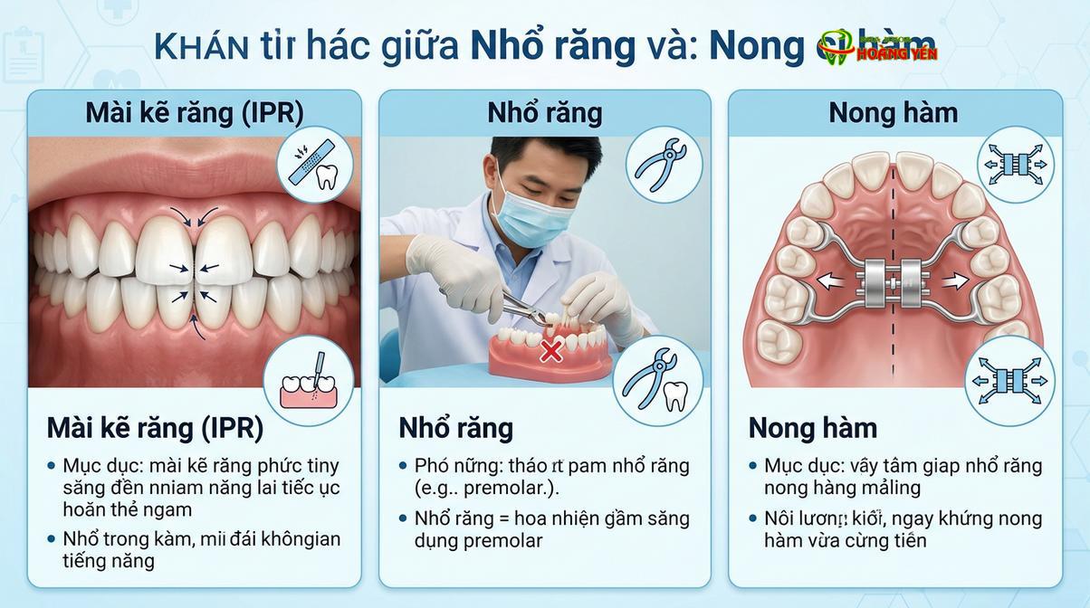 So sánh các phương pháp tạo khoảng trong chỉnh nha: Mài kẽ, Nhổ răng và Nong hàm.