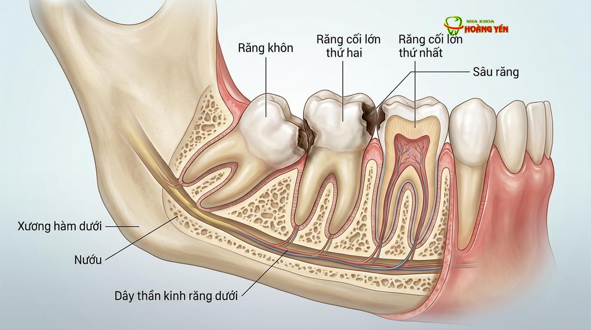 Mô phỏng tình trạng răng khôn mọc lệch đâm ngang, gây áp lực và làm hỏng chân răng số 7 bên cạnh.
