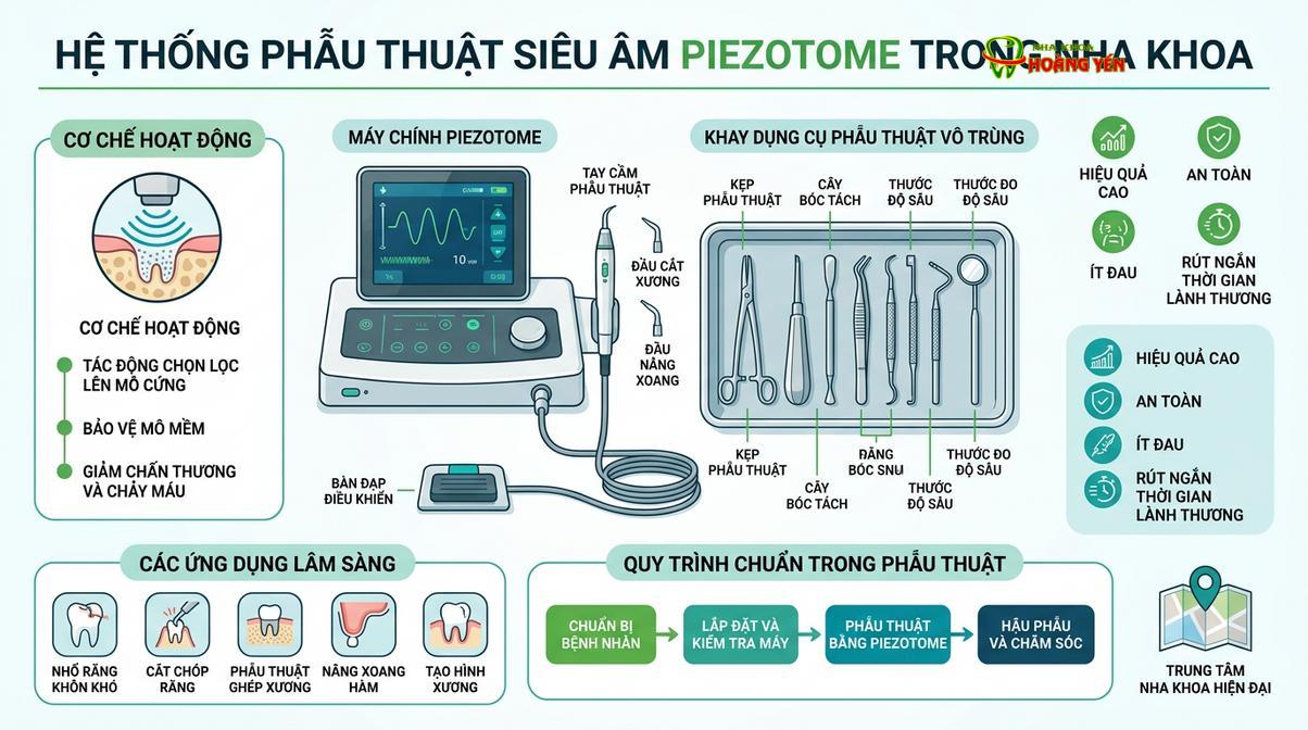 Hệ thống máy siêu âm Piezotome giúp quá trình bóc tách chân răng diễn ra nhẹ nhàng, ít sang chấn.