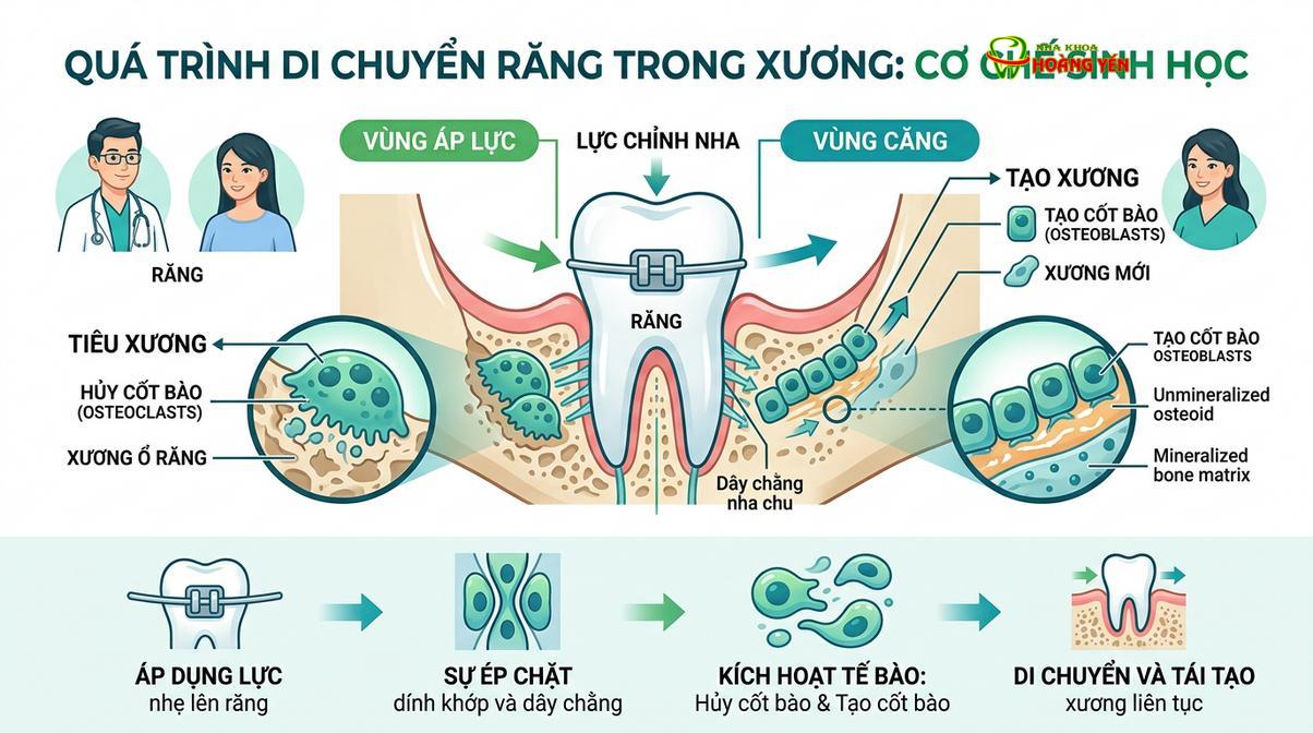 Cơ chế dịch chuyển răng sinh học dưới tác động của lực chỉnh nha liên tục và nhẹ nhàng.