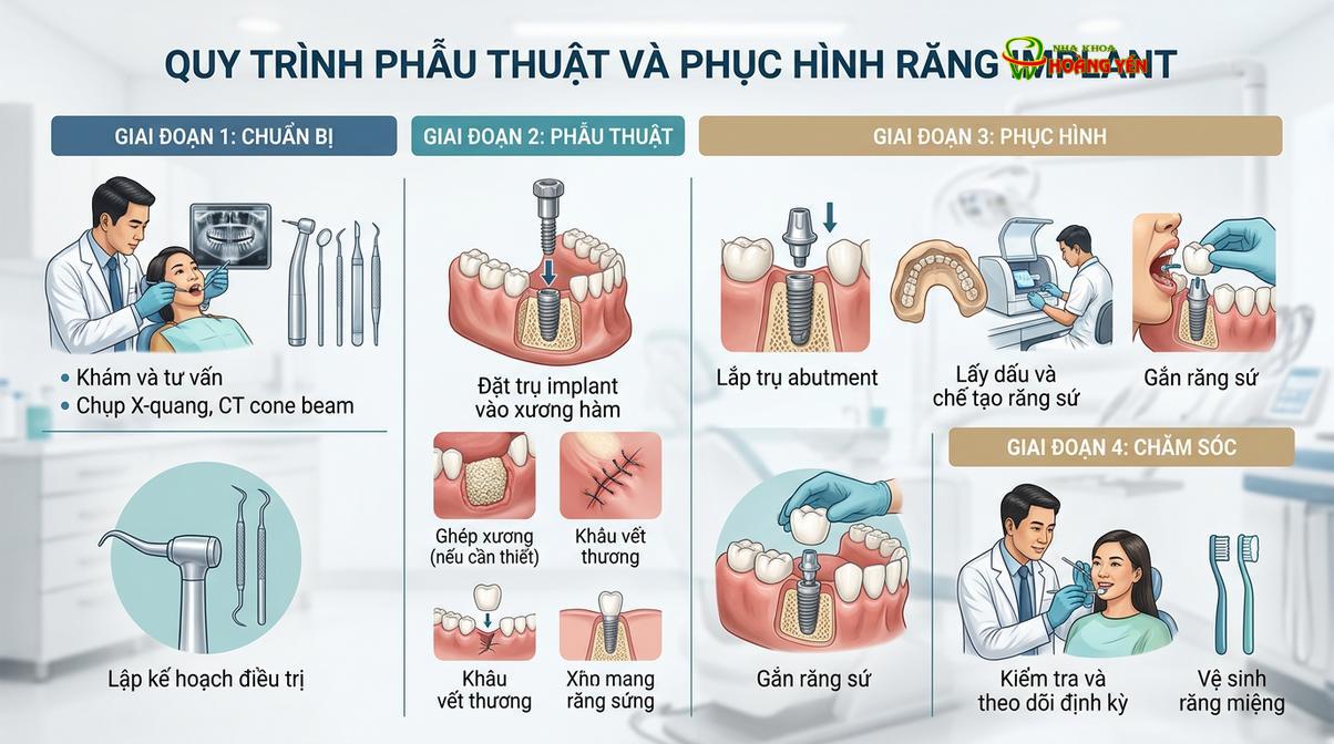 Mô phỏng các bước cơ bản trong quy trình cấy ghép và phục hình răng implant.