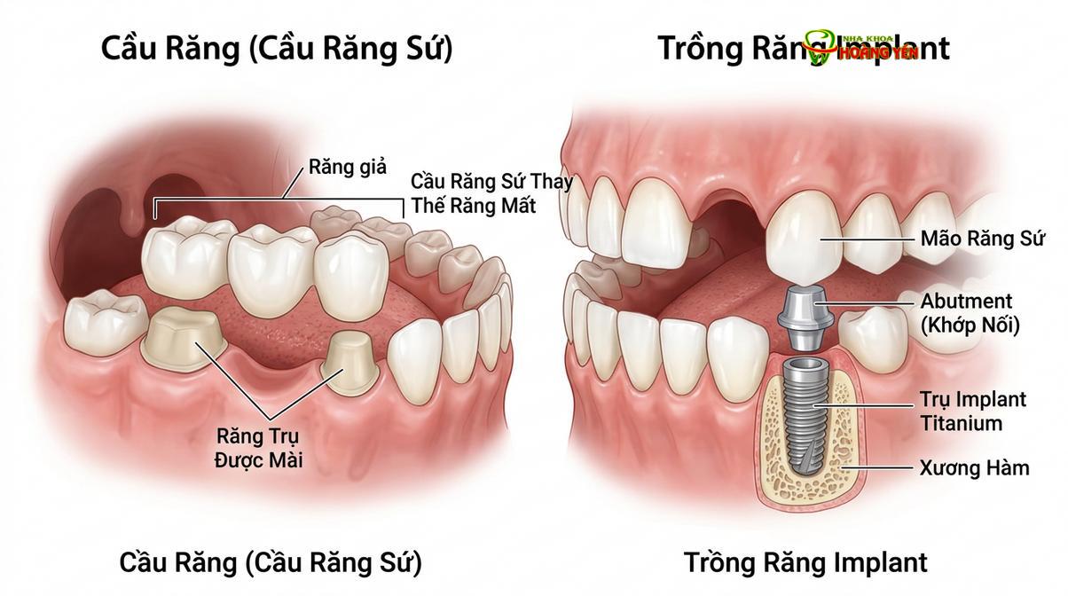 Mô phỏng sự khác biệt về mặt cấu trúc sinh học giữa phương pháp làm cầu răng sứ và cấy ghép implant.