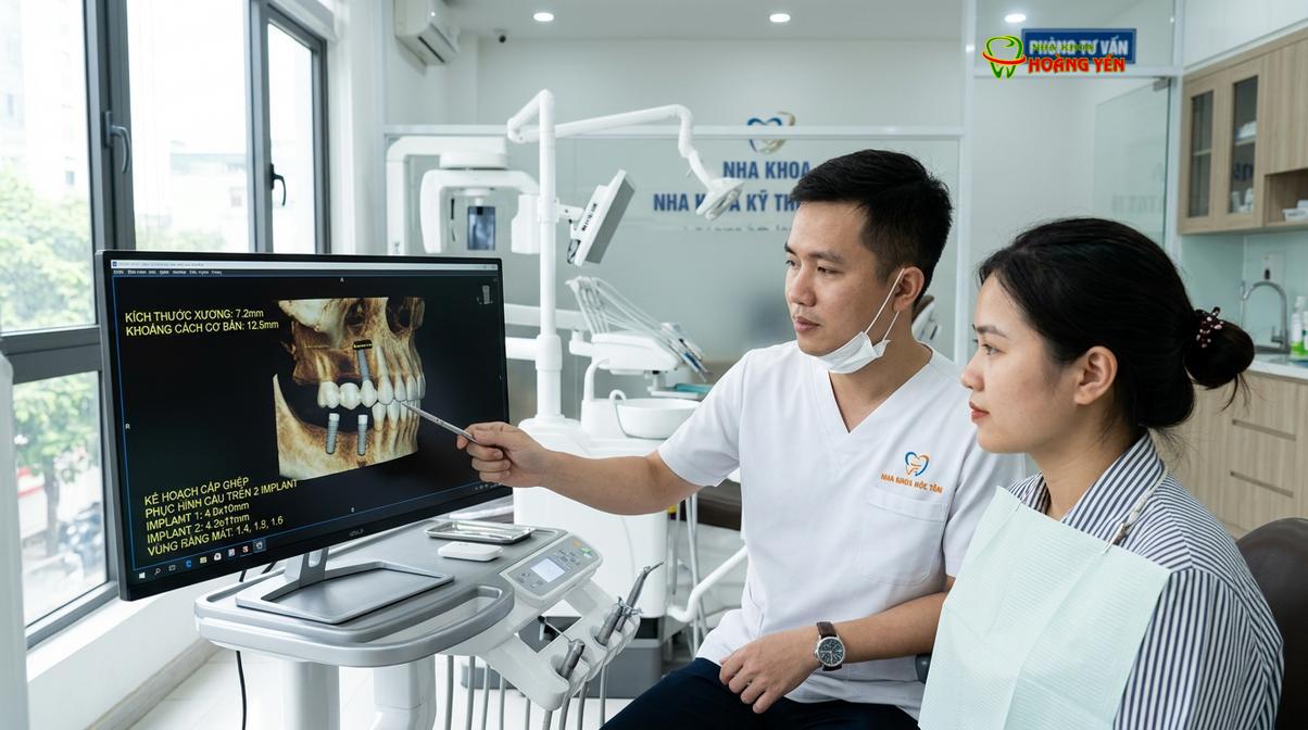 Bác sĩ phân tích phim CT 3D để lên phác đồ cấy ghép implant cho bệnh nhân.