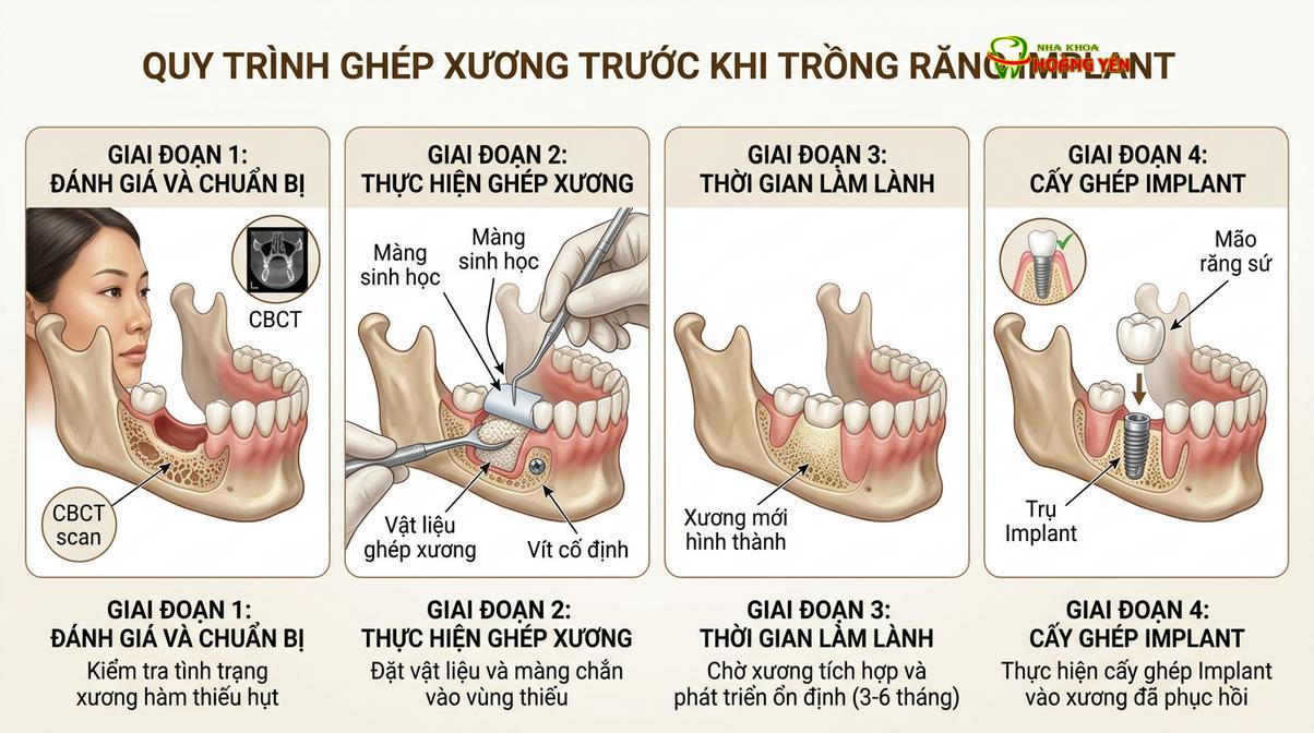 Quy trình ghép xương nhân tạo giúp tái tạo thể tích xương hàm đủ tiêu chuẩn cấy ghép.