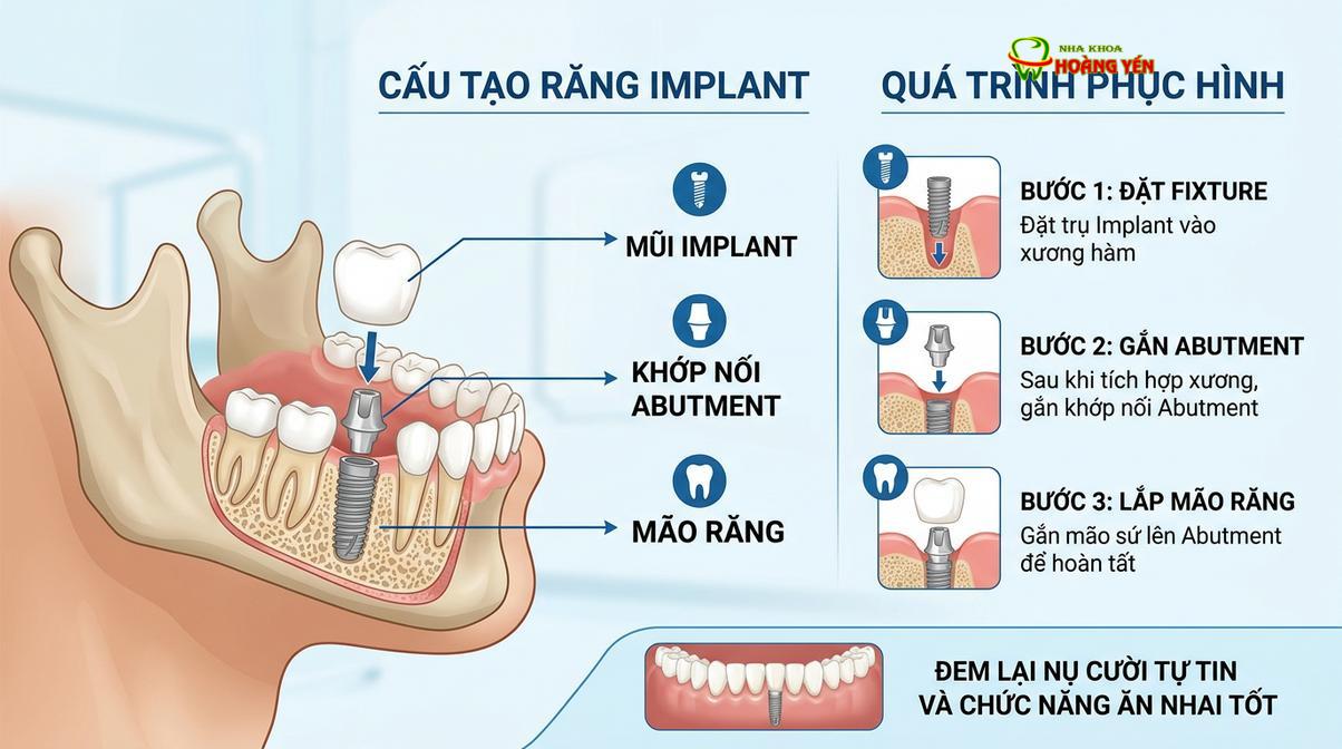Cấu tạo 3 phần cơ bản của một răng implant hoàn chỉnh.