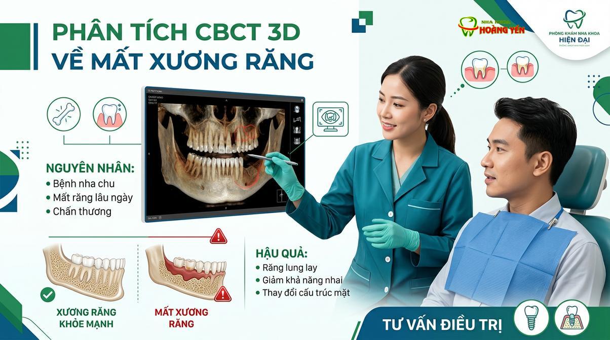 Bác sĩ đánh giá tình trạng tiêu xương qua phim X-quang CT Cone Beam 3D trước khi cấy ghép.