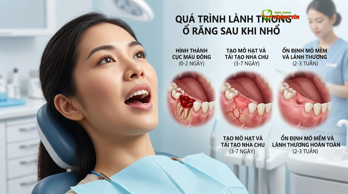 Quá trình hình thành cục máu đông và phục hồi mô nướu sau khi nhổ răng khôn.