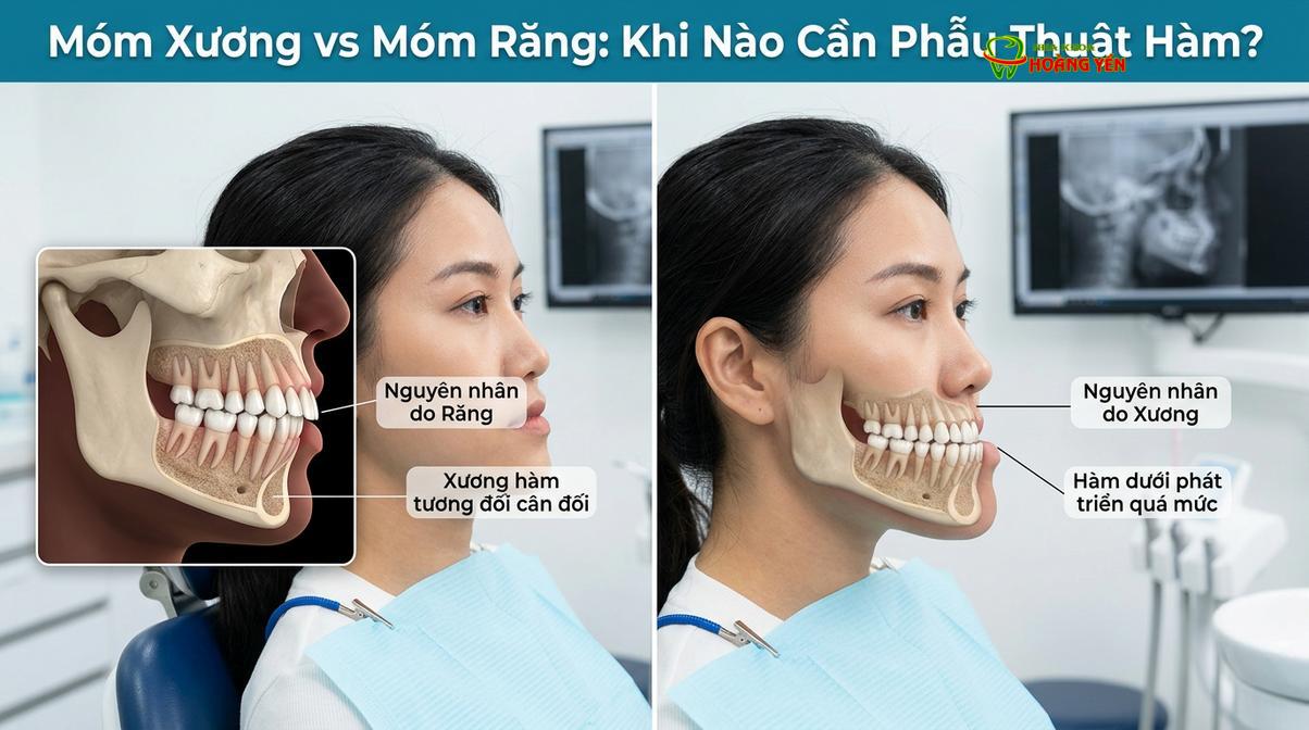 Sự khác biệt rõ rệt về góc nghiêng khuôn mặt giữa tình trạng móm do răng và móm do xương hàm.