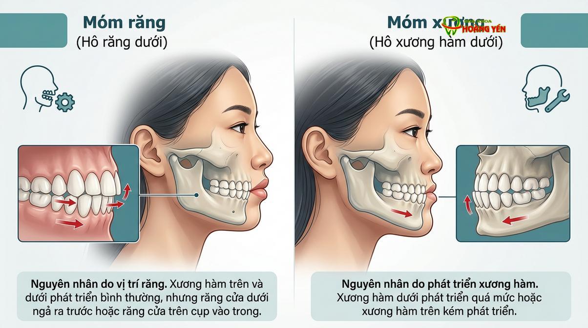 Bảng tóm tắt các tiêu chí phân biệt móm xương và móm răng trên lâm sàng.