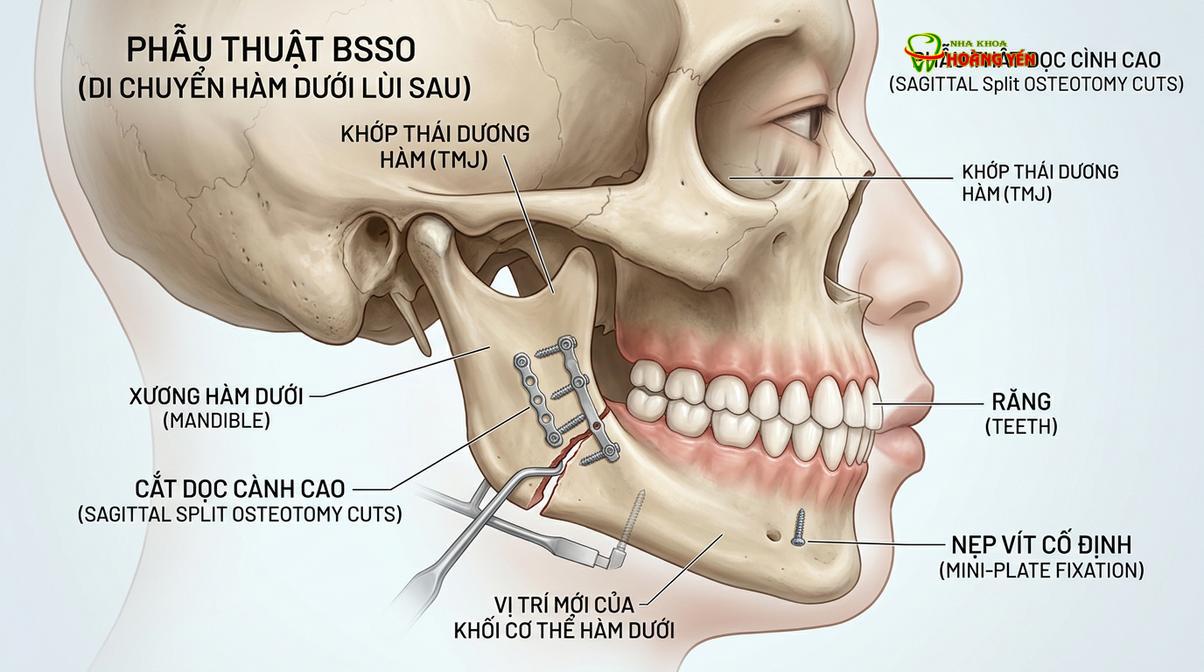 Mô phỏng kỹ thuật phẫu thuật cắt chẻ cành cao xương hàm dưới (BSSO) để điều trị móm xương nặng.
