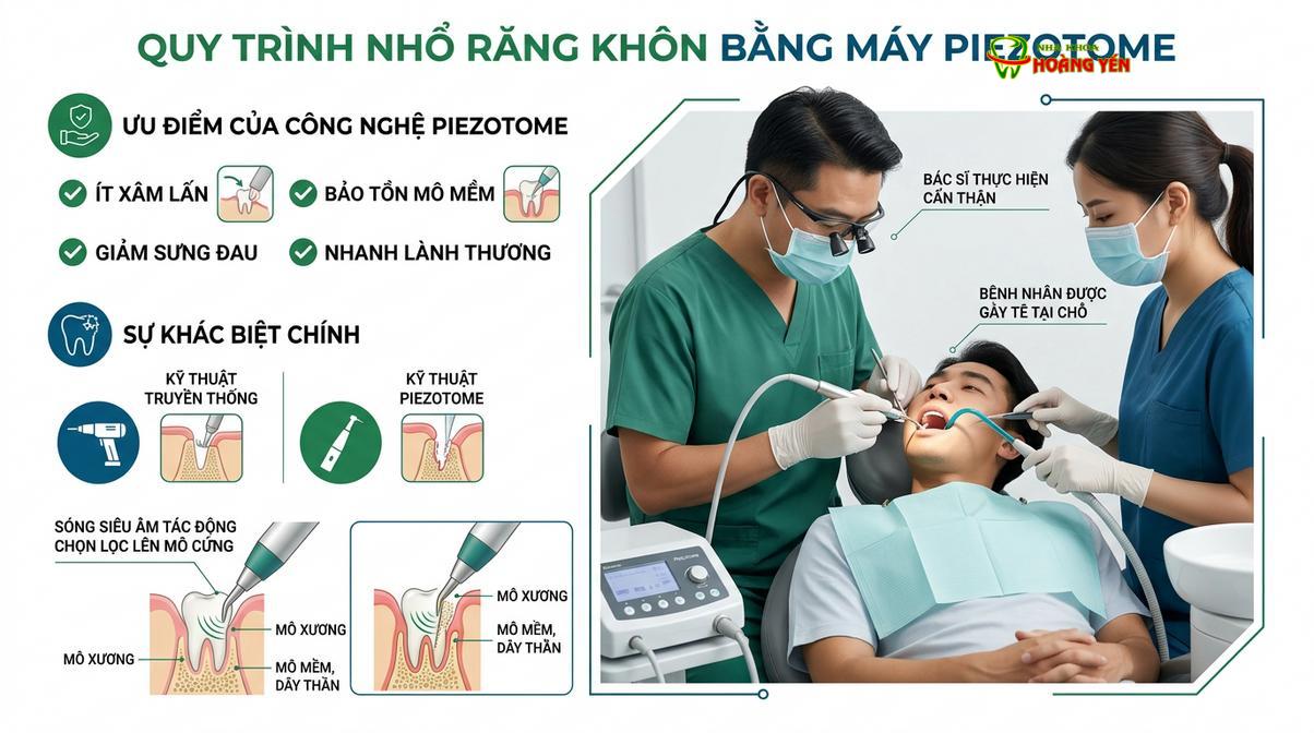 Ứng dụng máy siêu âm Piezotome trong việc nhổ răng khôn tạo khoảng điều trị móm, giúp hạn chế sưng đau.