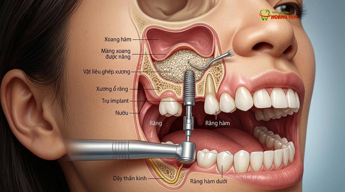 Vật liệu ghép xương sinh học và trụ implant được chuẩn bị vô trùng.