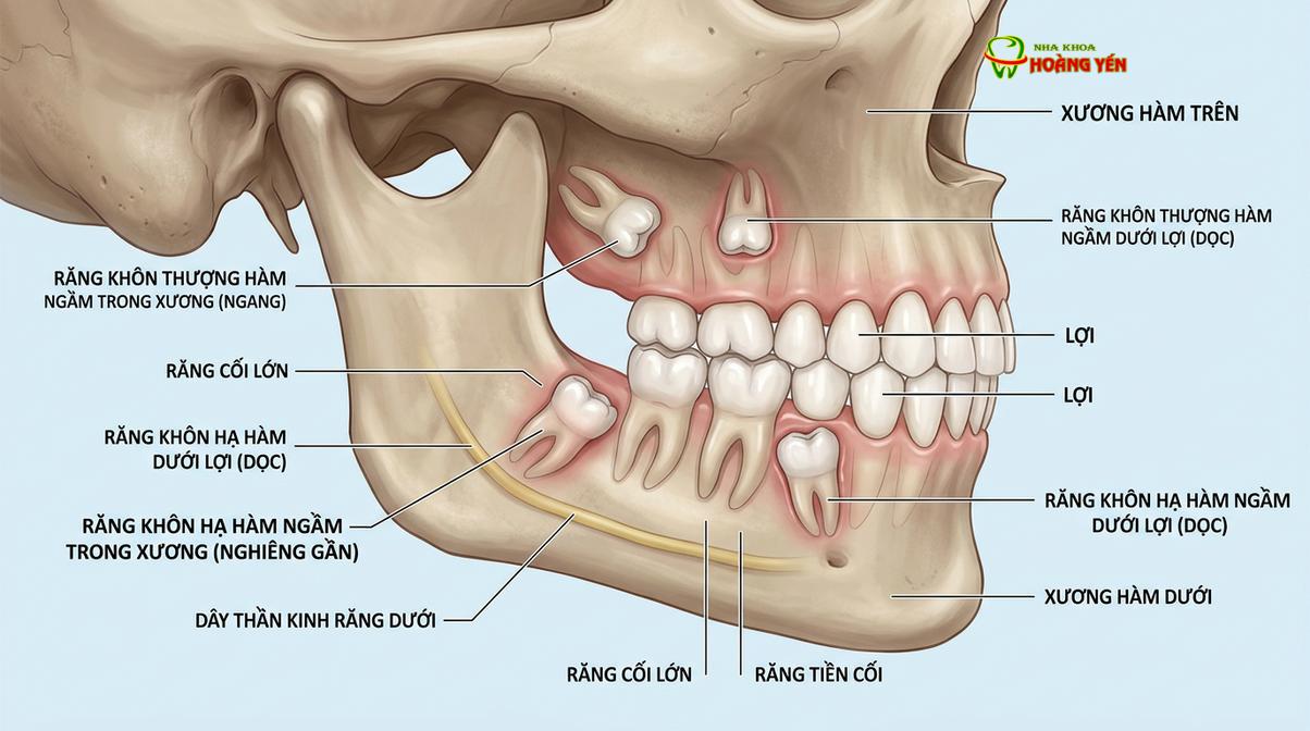 Mô phỏng các vị trí mọc kẹt, mọc ngầm của 4 răng khôn trên cung hàm.