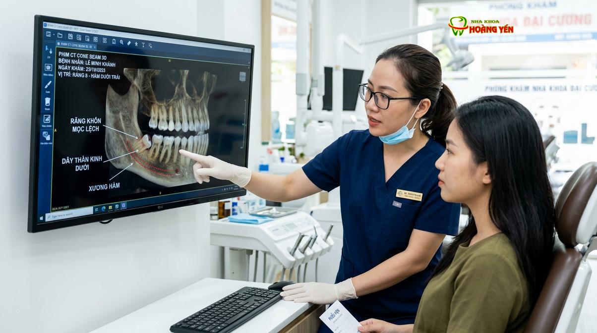 Bác sĩ phân tích phim chụp CT Cone Beam 3D để xác định vị trí dây thần kinh trước khi phẫu thuật.