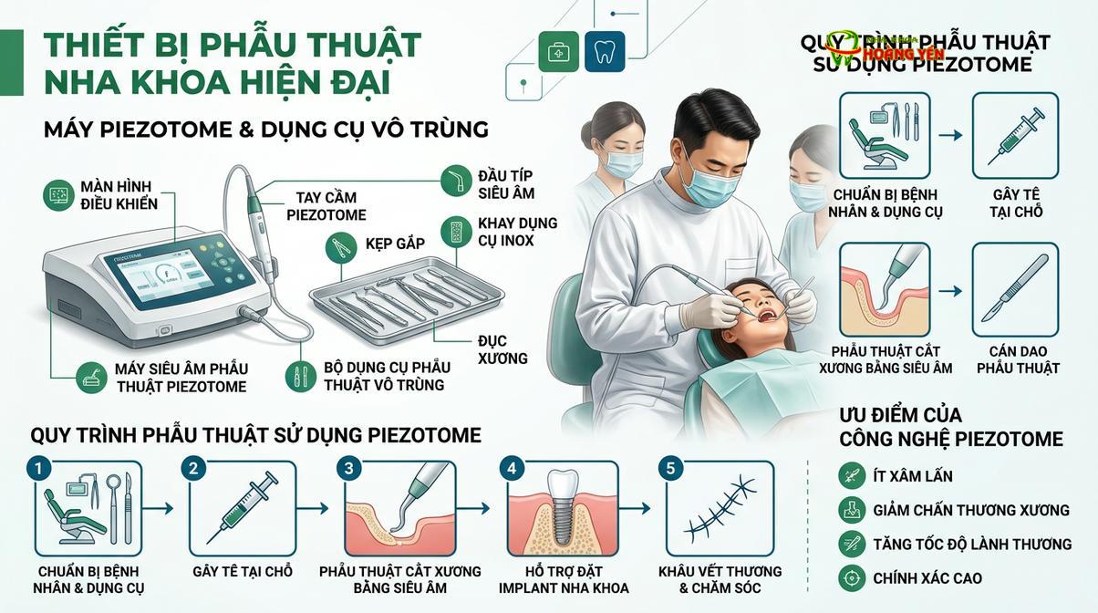 Hệ thống máy phẫu thuật siêu âm Piezotome giúp bóc tách mô cứng nhẹ nhàng, bảo vệ mô mềm.