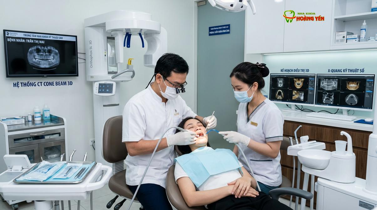 Hệ thống chụp phim CT Cone Beam 3D khảo sát cấu trúc giải phẫu trước khi nhổ răng cùng.