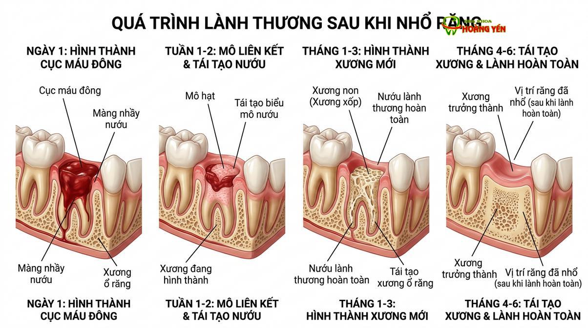 Mô phỏng các giai đoạn lành thương của huyệt ổ răng từ khi hình thành cục máu đông đến khi tái tạo xương.