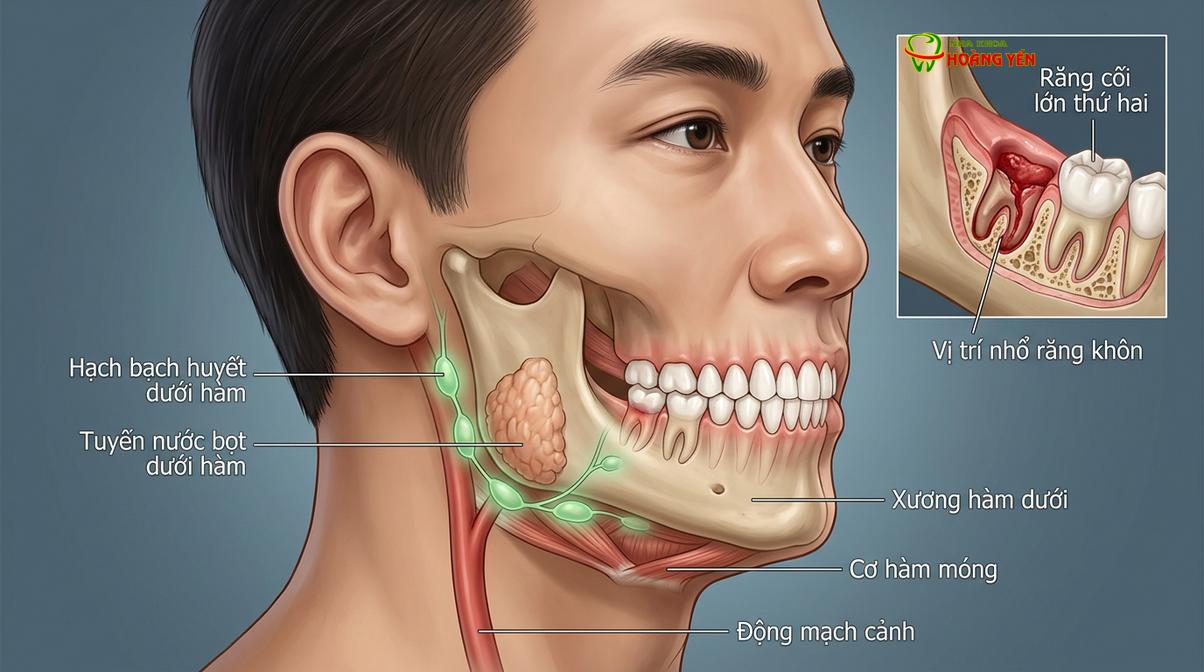 Sơ đồ minh họa vị trí các hạch bạch huyết vùng cổ và góc hàm thường phản ứng sau khi can thiệp nha khoa.