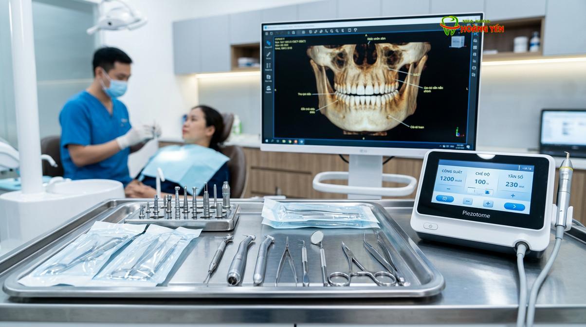 Hệ thống máy siêu âm Piezotome và phim CT Cone Beam 3D giúp quá trình phẫu thuật diễn ra nhẹ nhàng.
