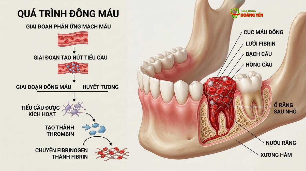 Quá trình hình thành cục máu đông trong ổ răng đóng vai trò then chốt trong việc cầm máu và lành thương.
