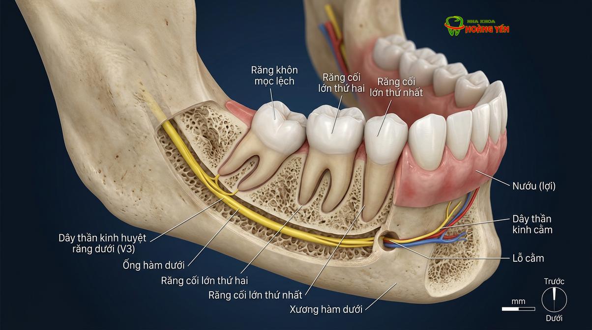 Hình ảnh mô phỏng răng khôn mọc ngầm và vị trí dây thần kinh răng dưới, đòi hỏi bác sĩ phải khảo sát kỹ lưỡng bằng phim CT Cone Beam 3D.
