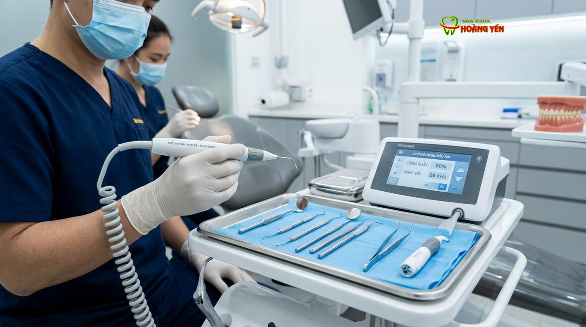 Công nghệ siêu âm Piezotome hỗ trợ bóc tách mô cứng nhẹ nhàng, bảo tồn mô mềm và hạn chế sưng đau hậu phẫu.