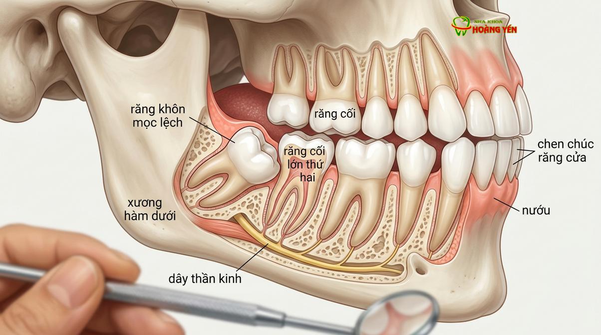 Mô phỏng tình trạng răng khôn mọc lệch đâm ngang vào răng số 7, gây áp lực xô lệch toàn bộ cung hàm.