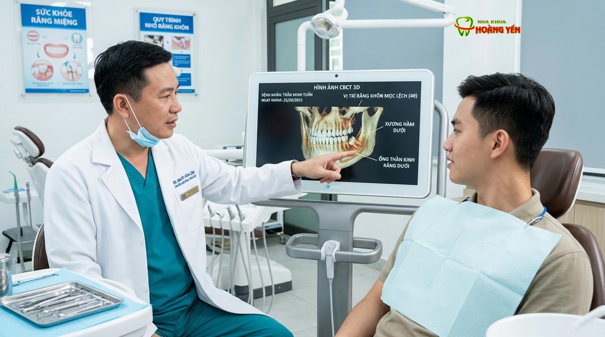 Bác sĩ phân tích phim chụp CT Cone Beam 3D để xác định vị trí dây thần kinh trước khi quyết định phương pháp vô cảm.