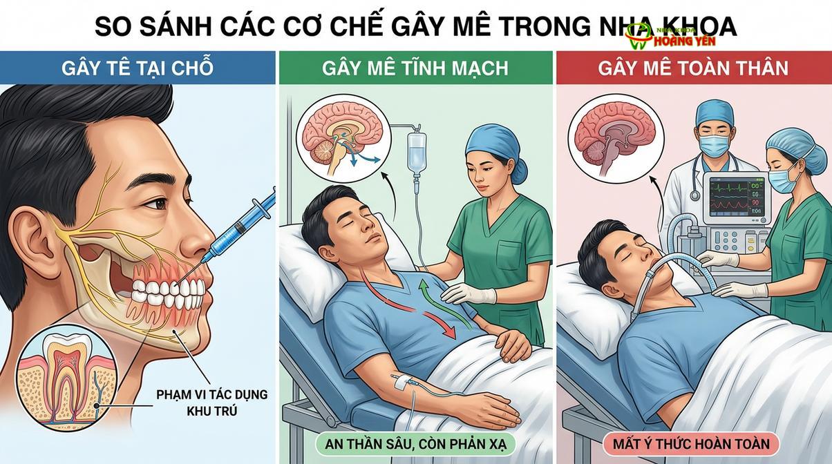 Minh họa y khoa về các mức độ tác động của thuốc tê, thuốc an thần và thuốc mê lên hệ thần kinh.