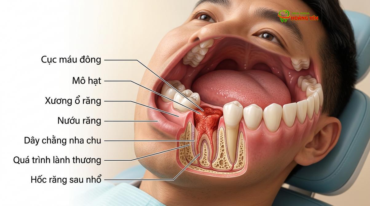 Cục máu đông đóng vai trò then chốt trong quá trình lành thương tại huyệt ổ răng.