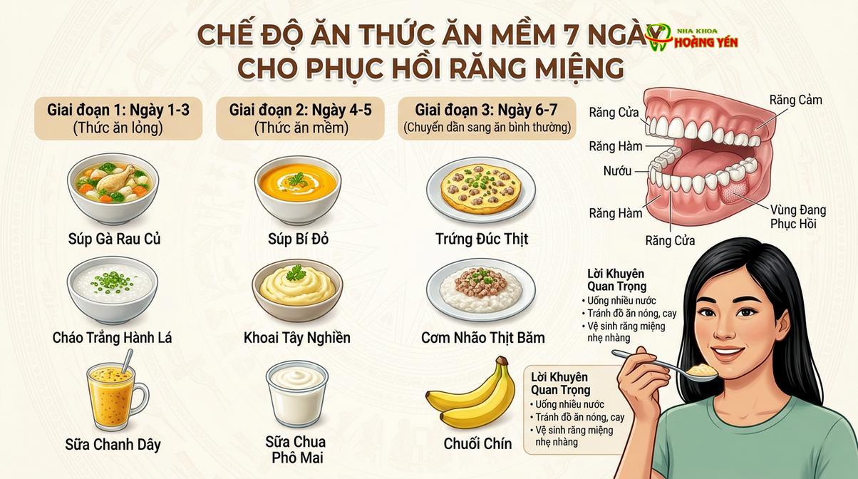 Thực đơn thức ăn mềm, nguội giúp bảo vệ vết thương và cung cấp đủ dinh dưỡng.
