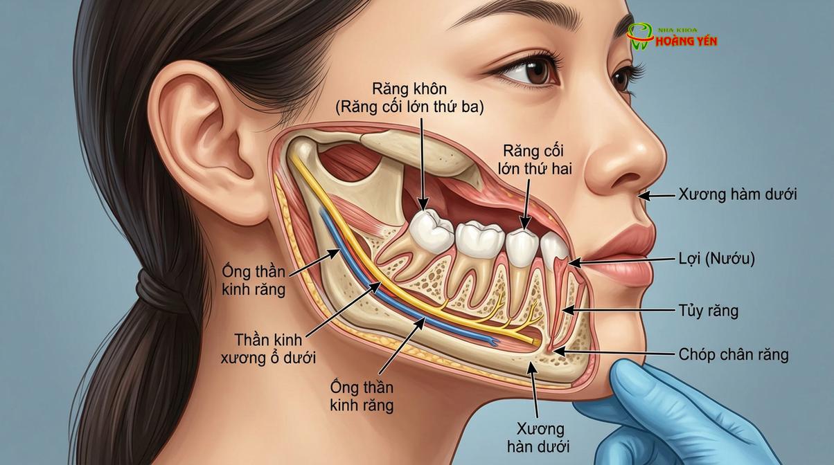 Mô phỏng vị trí răng khôn mọc ngầm và khoảng cách đến dây thần kinh hàm dưới.