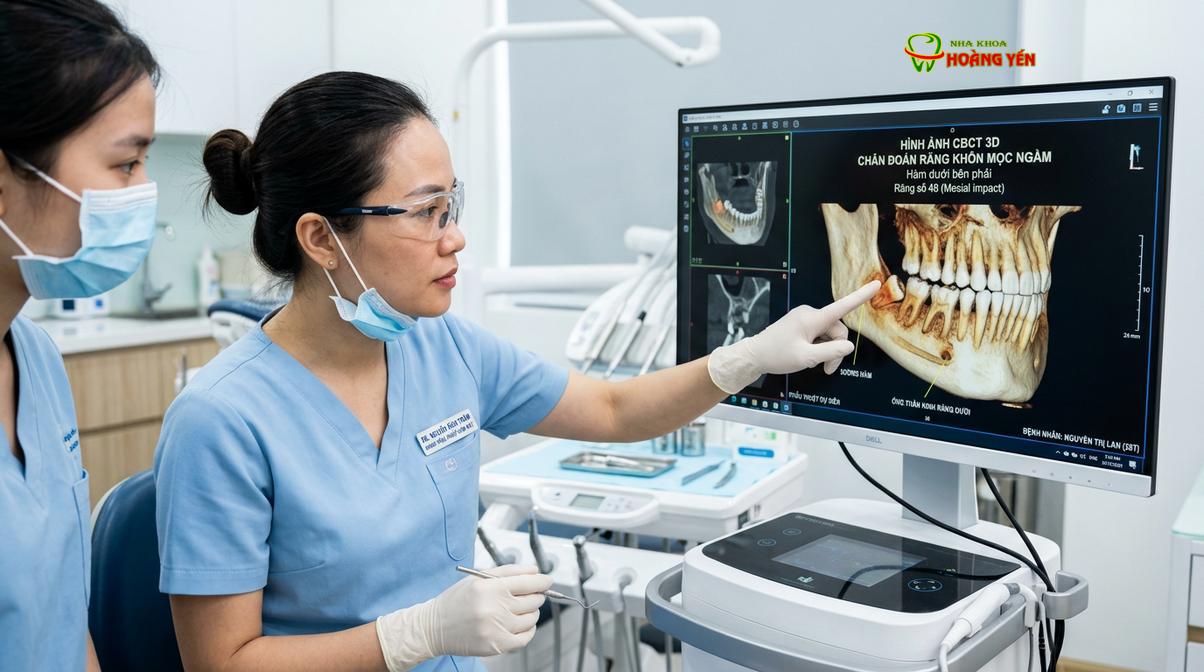Bác sĩ khảo sát phim CT Cone Beam 3D để lập phác đồ nhổ răng an toàn