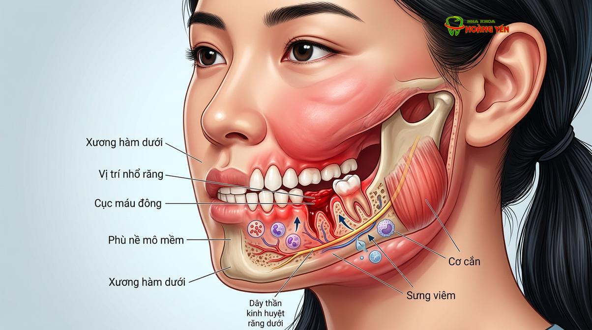 Mô phỏng phản ứng viêm sinh lý tại vùng mô mềm và xương hàm sau khi loại bỏ răng cối lớn thứ ba.