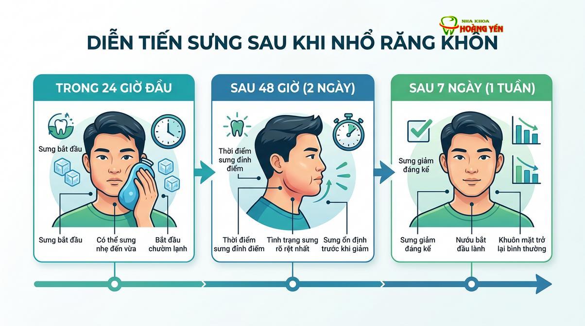 Biểu đồ tóm tắt chu kỳ sưng và phục hồi sinh lý sau phẫu thuật nhổ răng khôn.