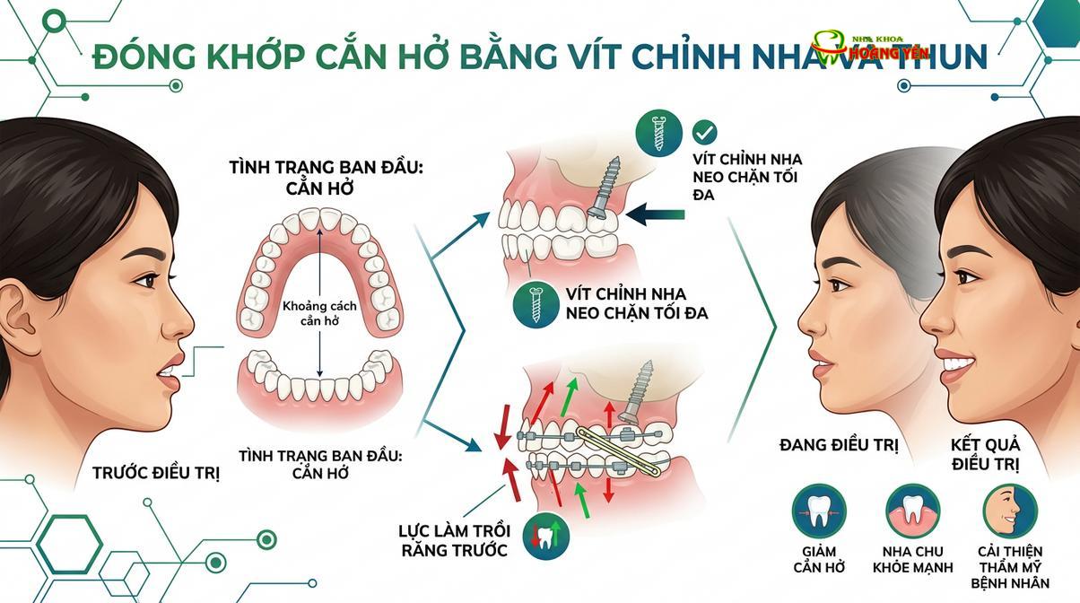 Mô phỏng cơ chế sử dụng Miniscrew (vít chỉnh nha) để đánh lún răng cối, hỗ trợ đóng khớp cắn hở.