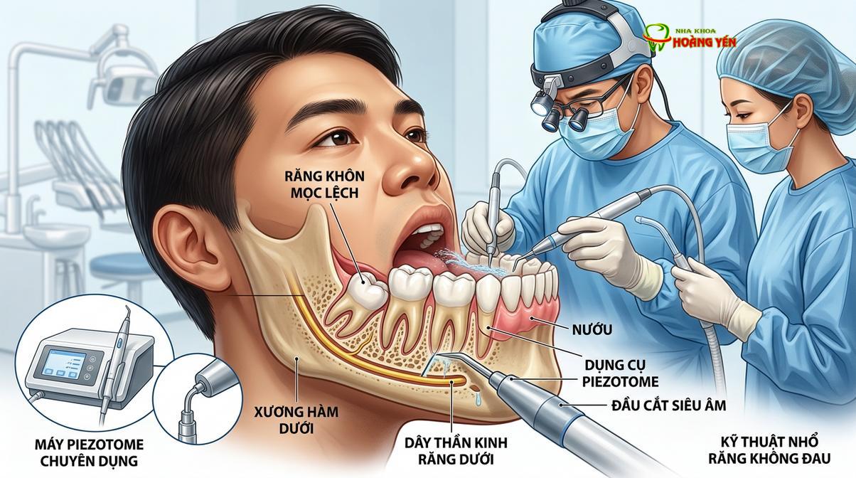 Nhổ răng khôn bằng máy siêu âm Piezotome giúp quá trình chỉnh nha diễn ra thuận lợi và hạn chế sưng đau.