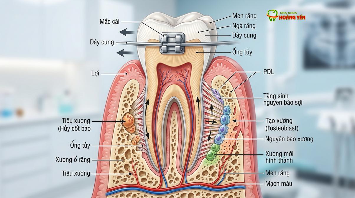 Mô phỏng sinh học quá trình dịch chuyển răng: Sự kéo giãn dây chằng nha chu và tái cấu trúc xương ổ răng là nguyên nhân chính gây ra cảm giác ê buốt.