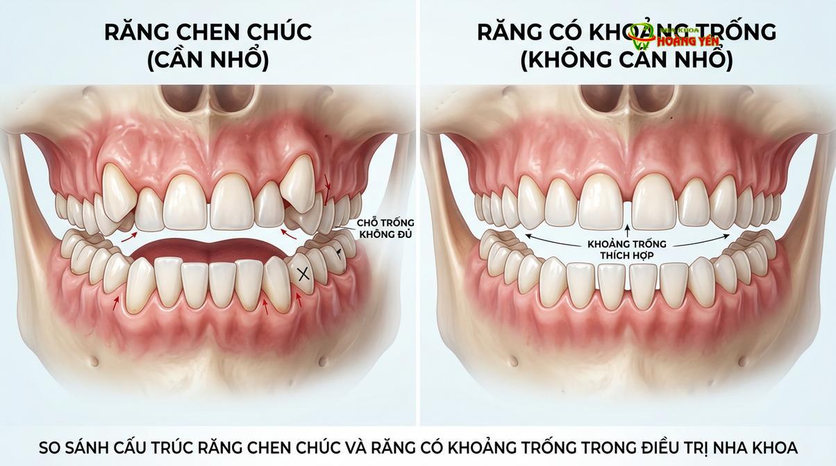 Mô phỏng sự khác biệt giữa tình trạng răng chen chúc cần tạo khoảng và răng thưa đã có sẵn khoảng trống.