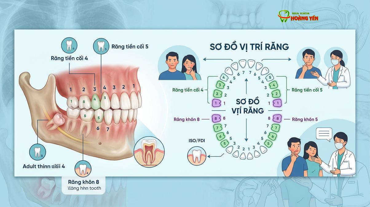 Vị trí các răng thường được cân nhắc nhổ trong chỉnh nha: Răng cối nhỏ (số 4, số 5) và răng khôn (số 8).