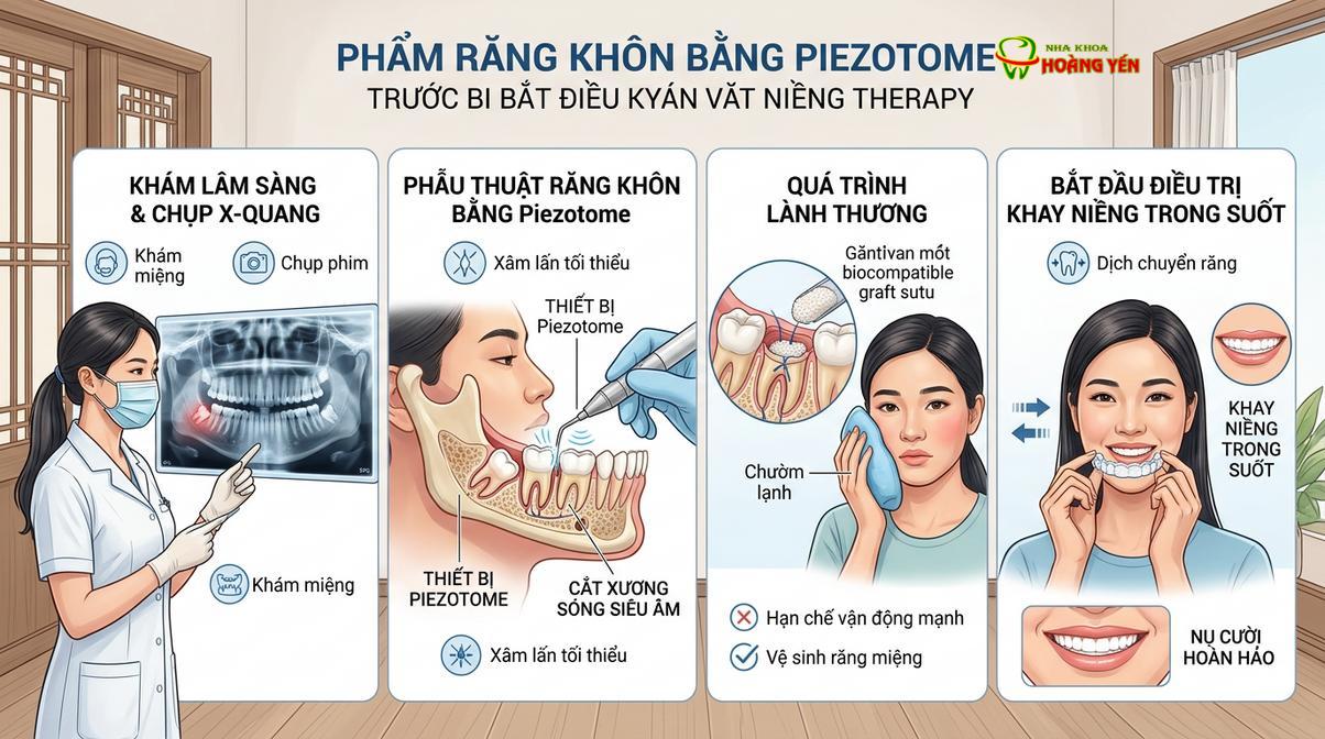 Mô phỏng quy trình nhổ răng khôn bằng sóng siêu âm Piezotome hỗ trợ tạo khoảng chỉnh nha.