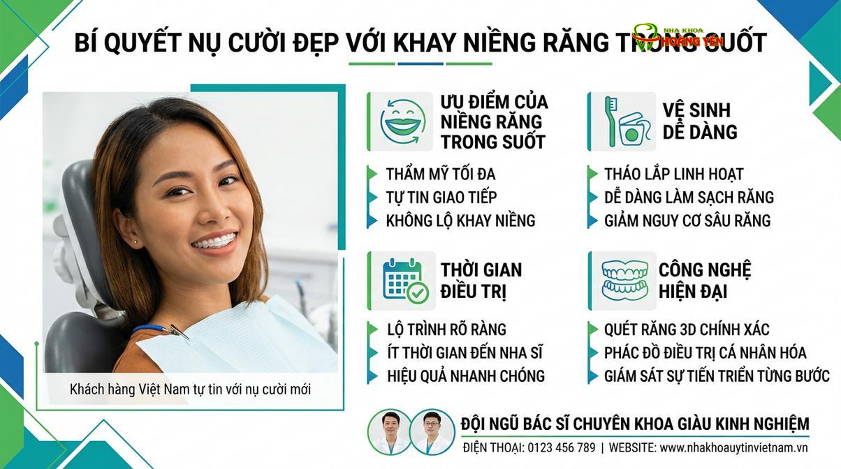 Bệnh nhân có thể tự tin giao tiếp trong suốt quá trình điều trị nhờ tính thẩm mỹ cao của khay trong suốt.