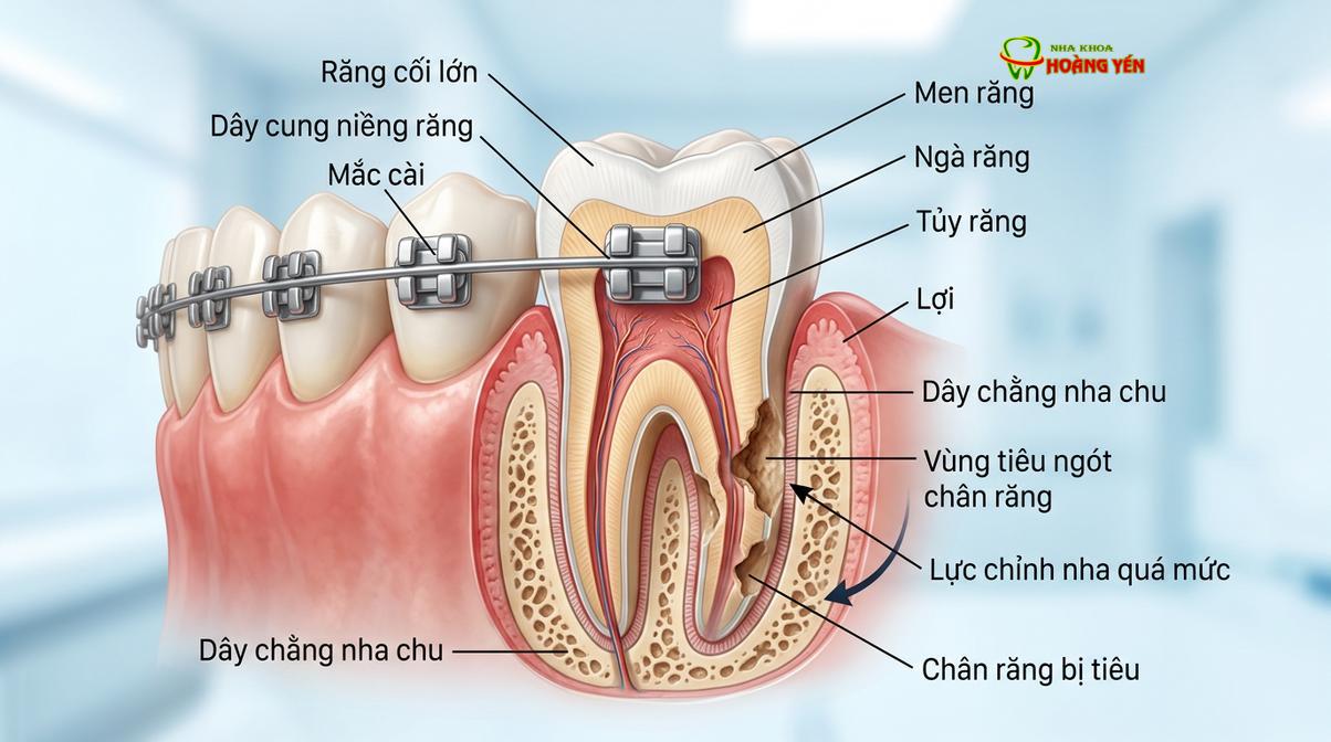 Mô phỏng tình trạng tiêu ngót chân răng - một trong những biến chứng nghiêm trọng do sử dụng lực kéo không kiểm soát.