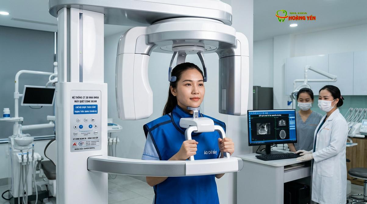 Hệ thống chụp phim CT Cone Beam 3D giúp khảo sát chính xác cấu trúc xương hàm và vị trí các răng ngầm.