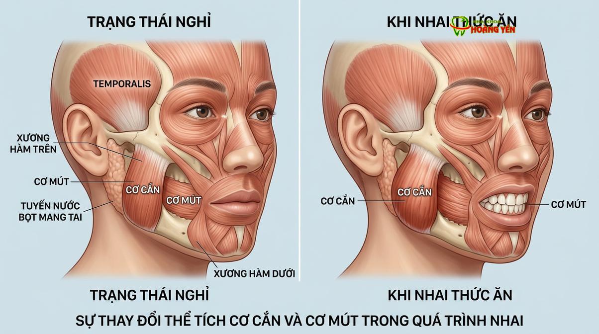 Hệ thống cơ nhai và cơ gò má đóng vai trò quan trọng trong việc duy trì độ đầy đặn của khuôn mặt.