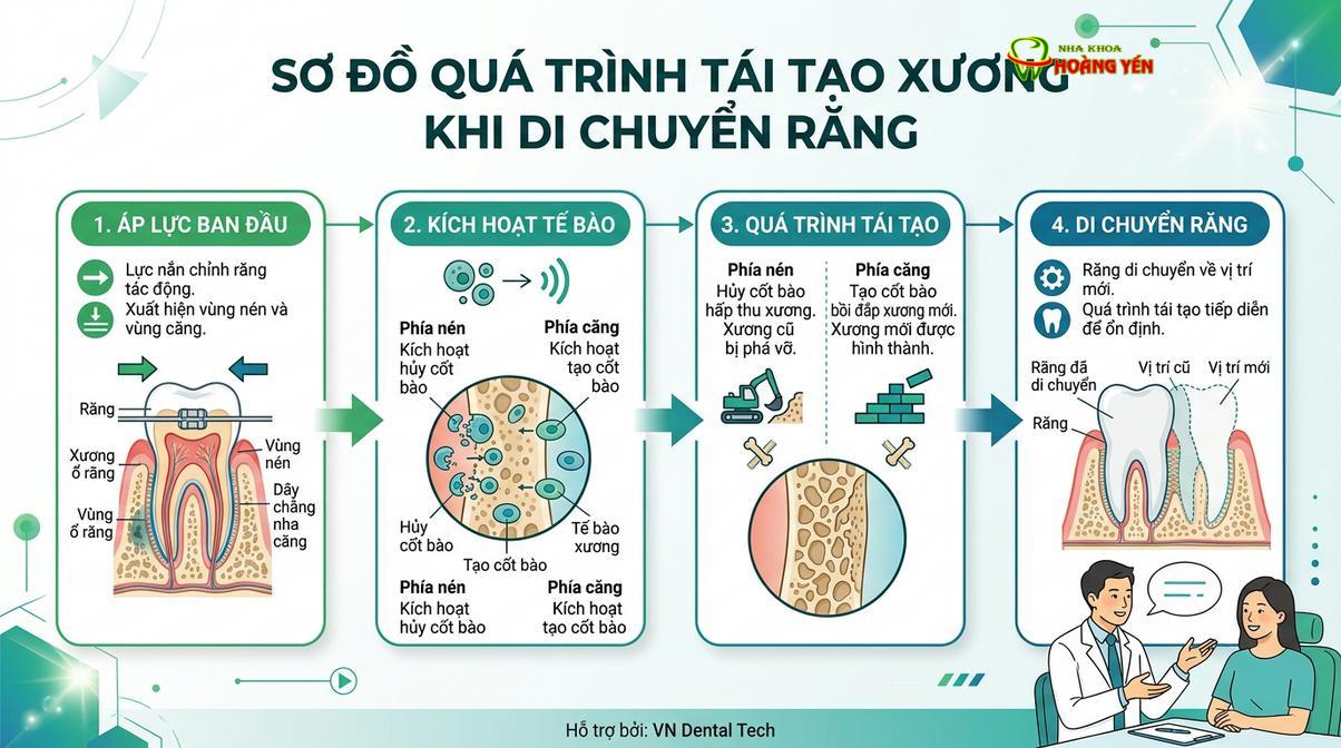 Cơ chế tiêu xương và bồi đắp xương sinh lý diễn ra liên tục khi răng dịch chuyển.