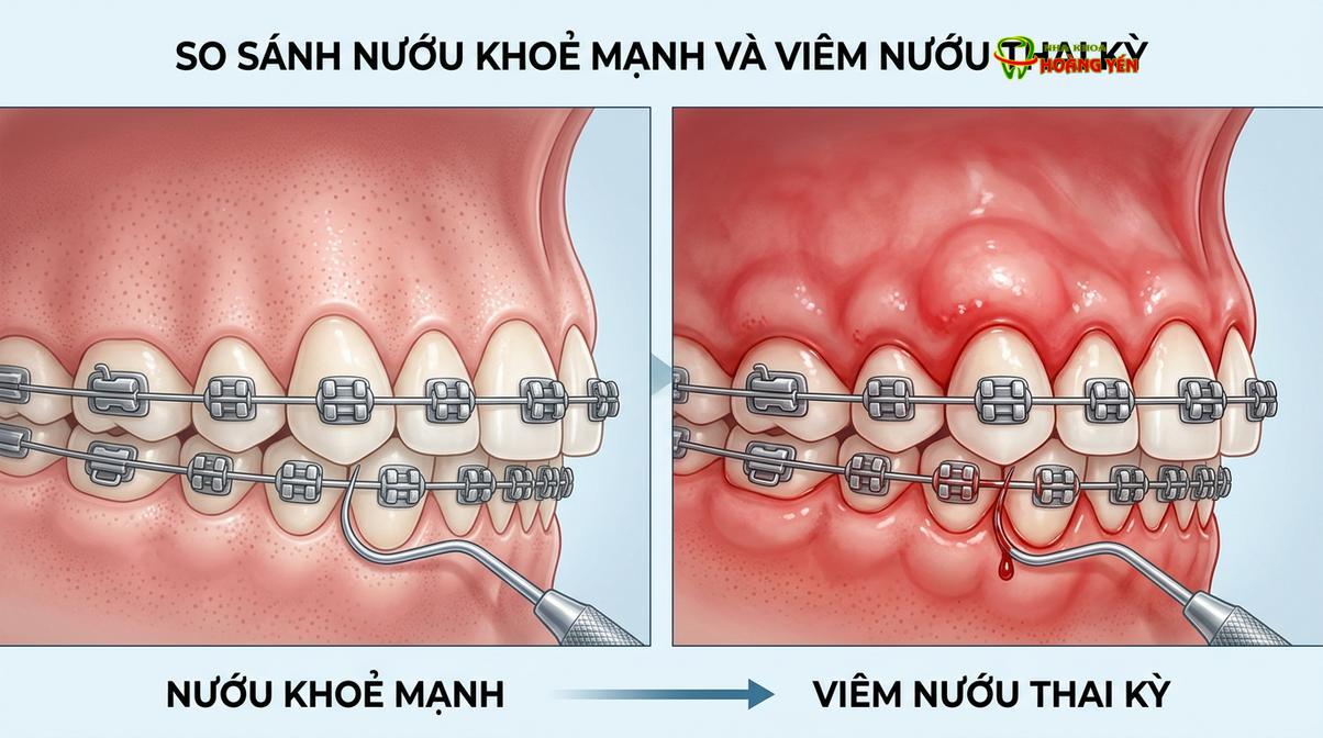 Sự thay đổi nội tiết tố trong thai kỳ làm tăng nguy cơ viêm nướu khi đeo mắc cài.