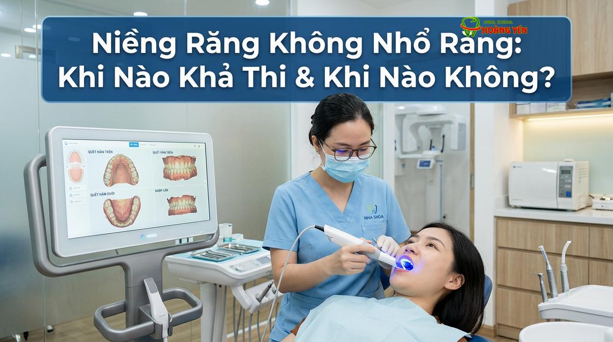 Bác sĩ thăm khám và quét dấu răng 3D để đánh giá khả năng niềng răng không nhổ răng.