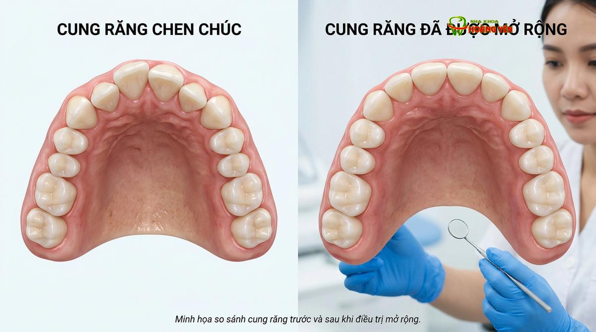 Mô phỏng sự khác biệt của cung hàm trước và sau khi được nong rộng để tạo khoảng trống.